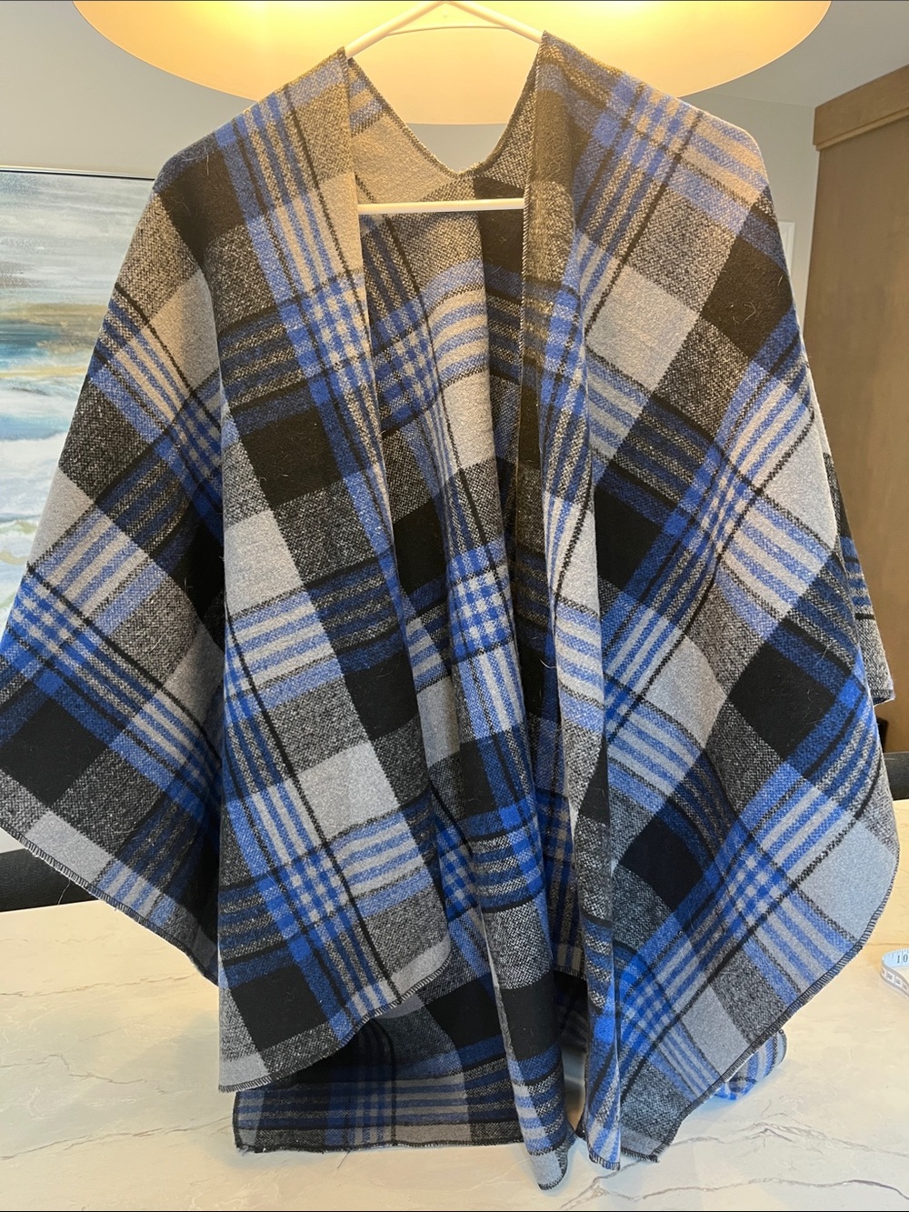 Women's Plaid Open-Front Cape in Blue and Gray